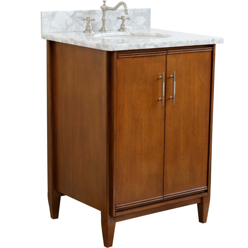 25" Single sink vanity in Walnut finish with White Carrara marble and oval sink - 400901-25-WA-WMO