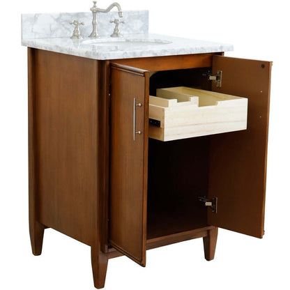 25" Single sink vanity in Walnut finish with White Carrara marble and oval sink - 400901-25-WA-WMO