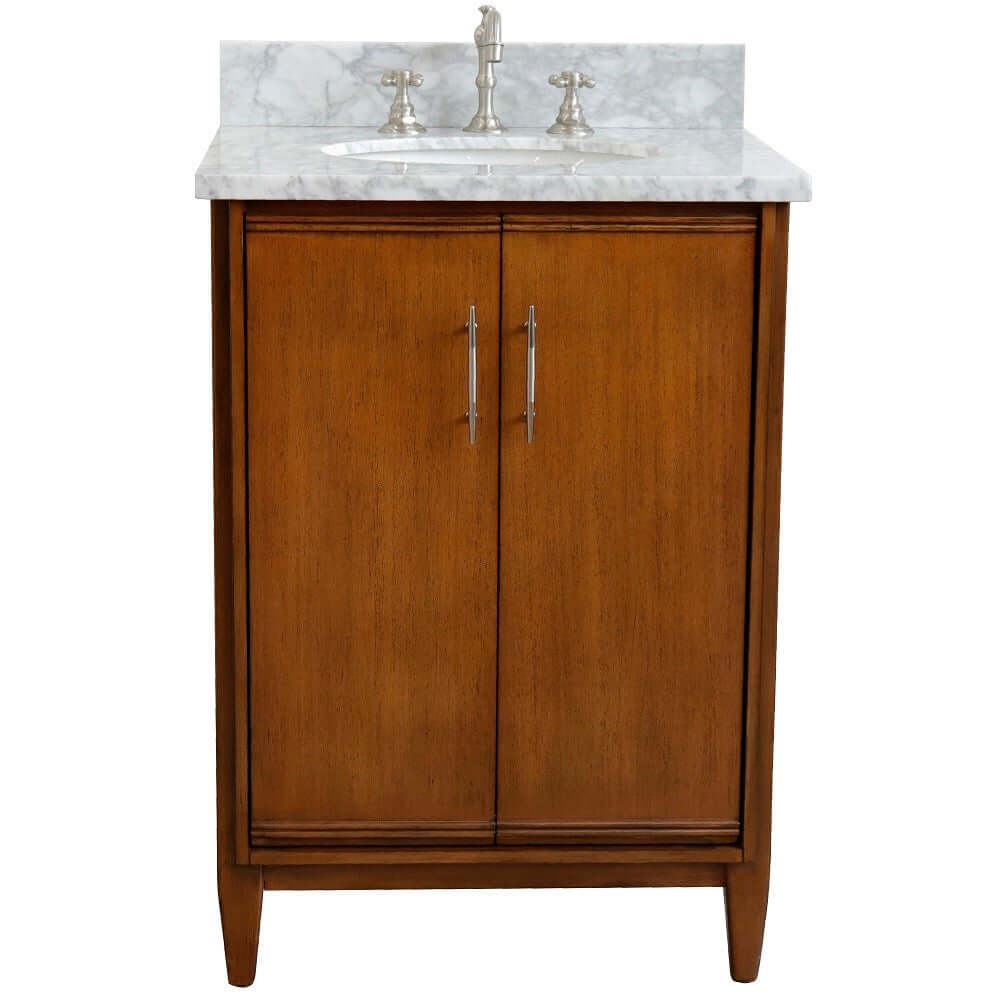 25" Single sink vanity in Walnut finish with White Carrara marble and oval sink - 400901-25-WA-WMO