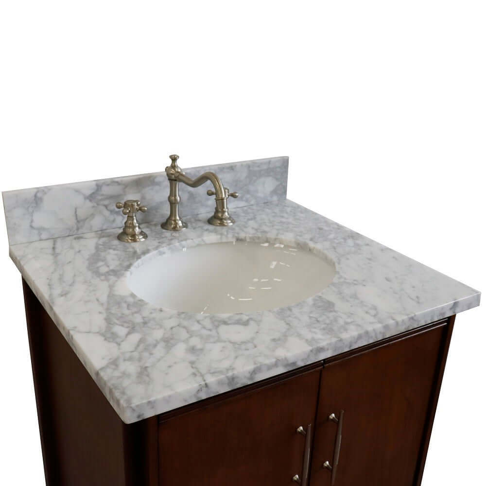 25" Single sink vanity in Walnut finish with White Carrara marble and oval sink - 400901-25-WA-WMO