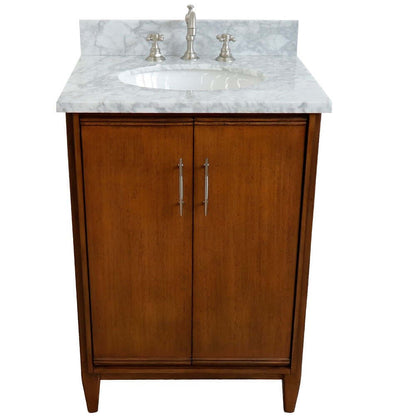 25" Single sink vanity in Walnut finish with White Carrara marble and oval sink - 400901-25-WA-WMO