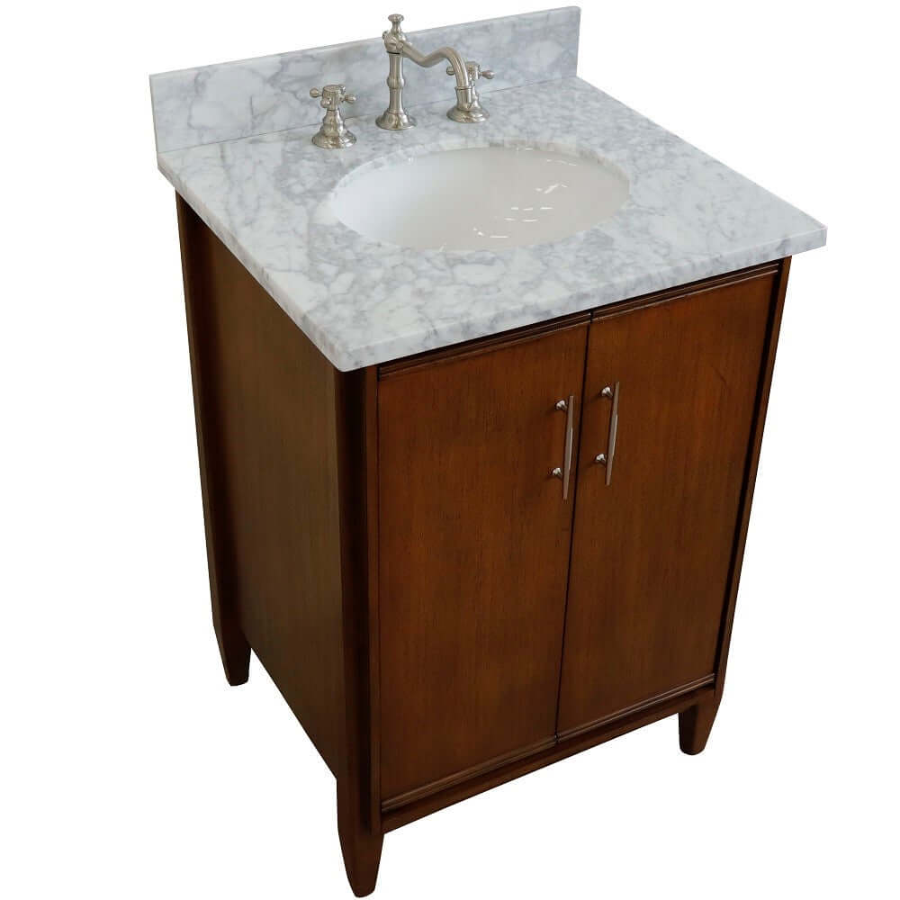 25" Single sink vanity in Walnut finish with White Carrara marble and oval sink - 400901-25-WA-WMO