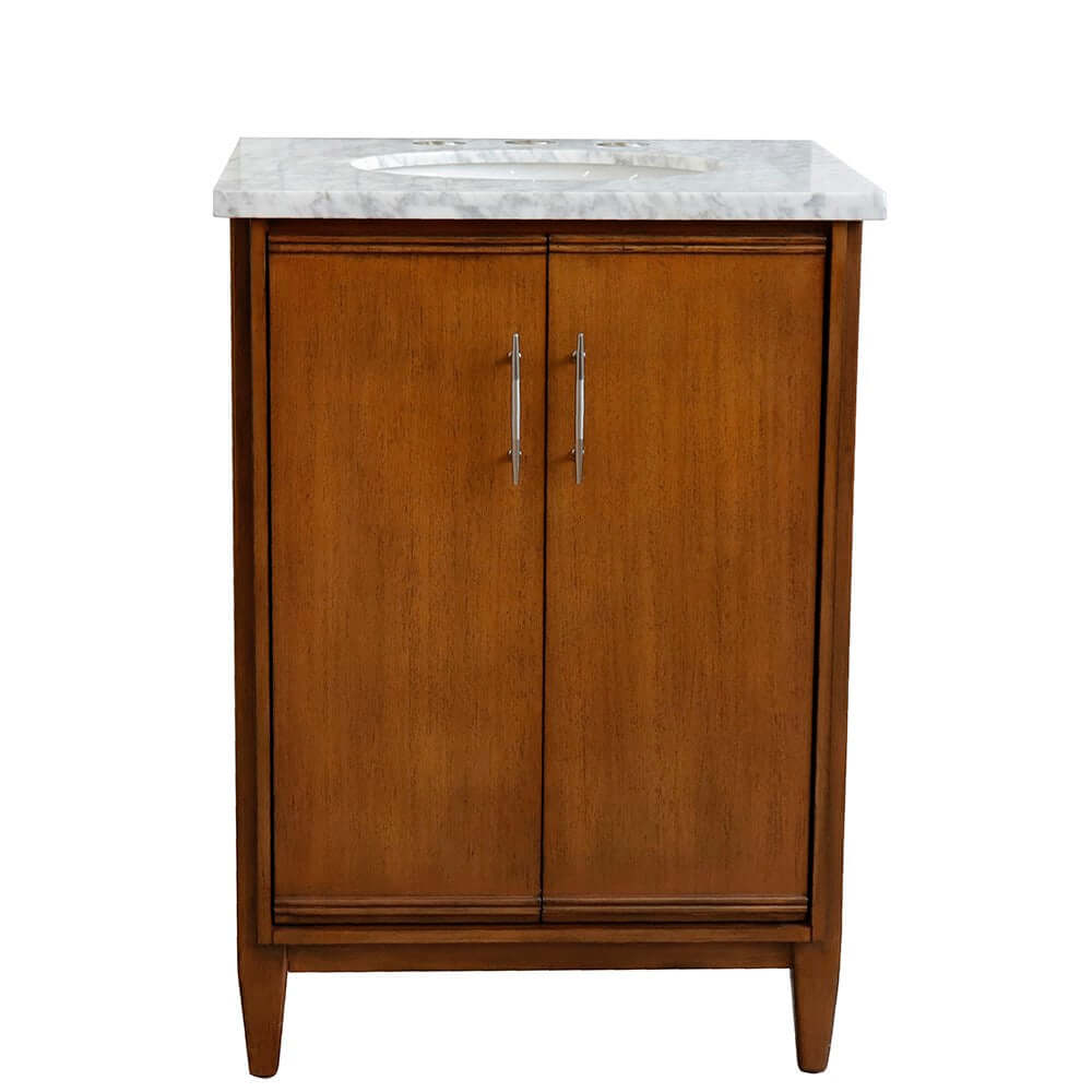 25" Single sink vanity in Walnut finish with White Carrara marble and oval sink - 400901-25-WA-WMO