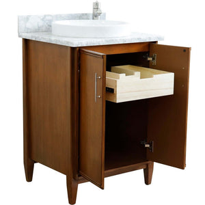 25" Single sink vanity in Walnut finish with White Carrara marble and round sink - 400901-25-WA-WMRD