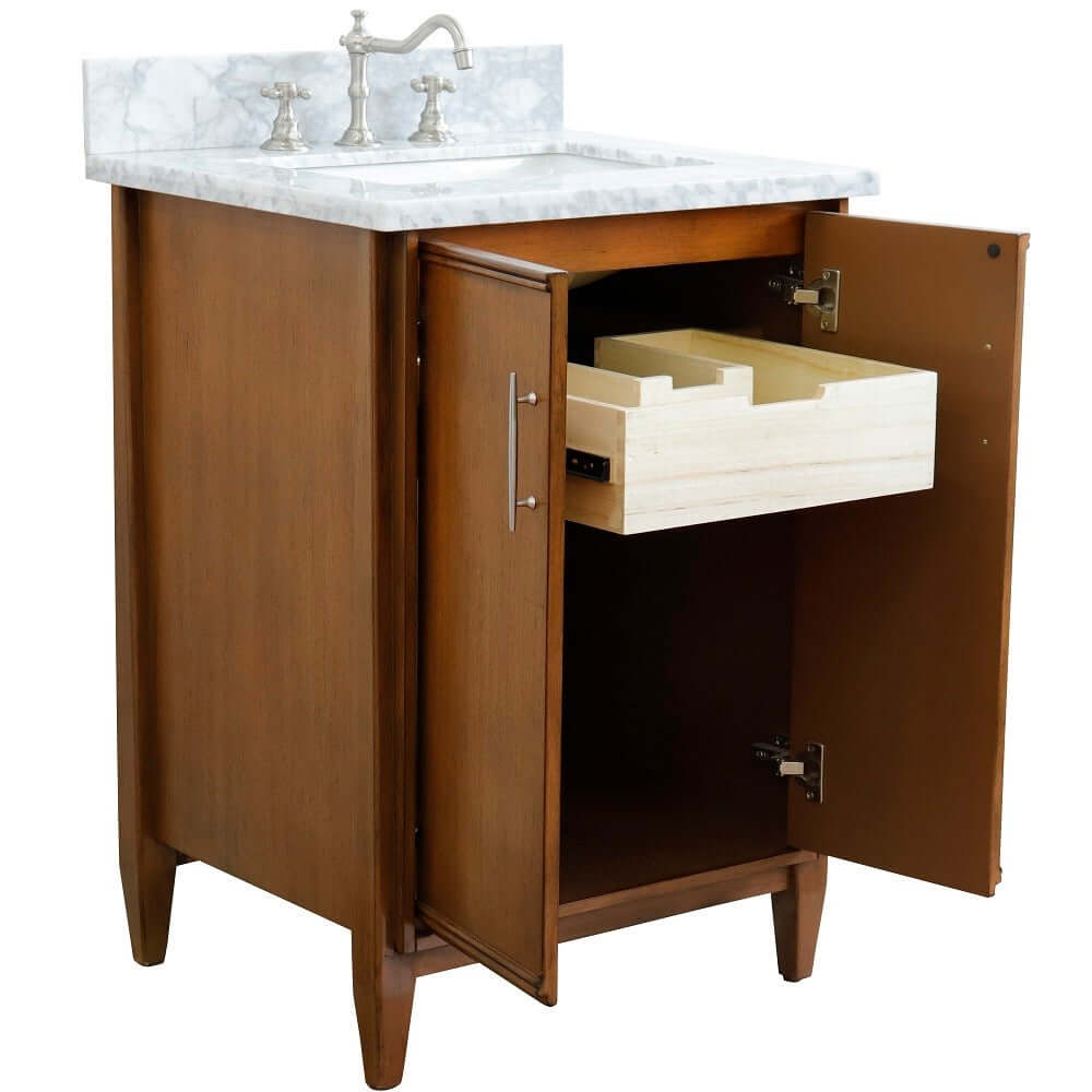 25" Single sink vanity in Walnut finish with White Carrara marble and rectangle sink - 400901-25-WA-WMR