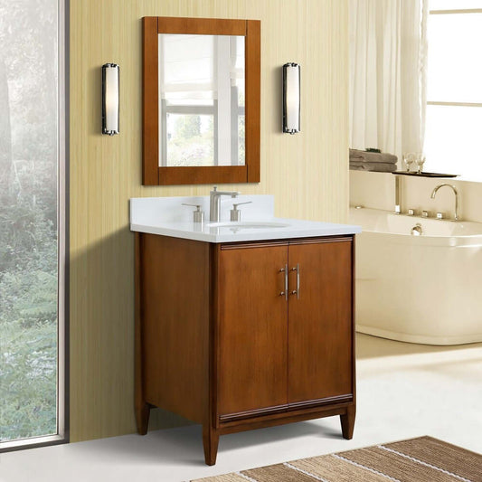 31" Single sink vanity in Walnut finish with White quartz with oval sink - 400901-31-WA-WEO