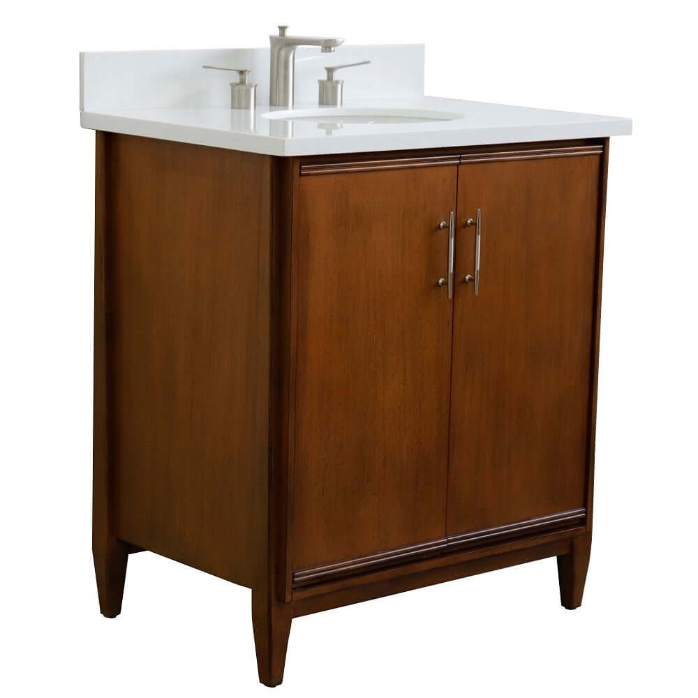 31" Single sink vanity in Walnut finish with White quartz with oval sink - 400901-31-WA-WEO