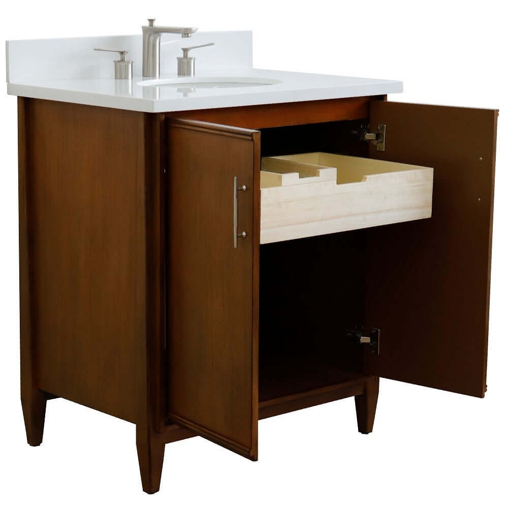 31" Single sink vanity in Walnut finish with White quartz with oval sink - 400901-31-WA-WEO