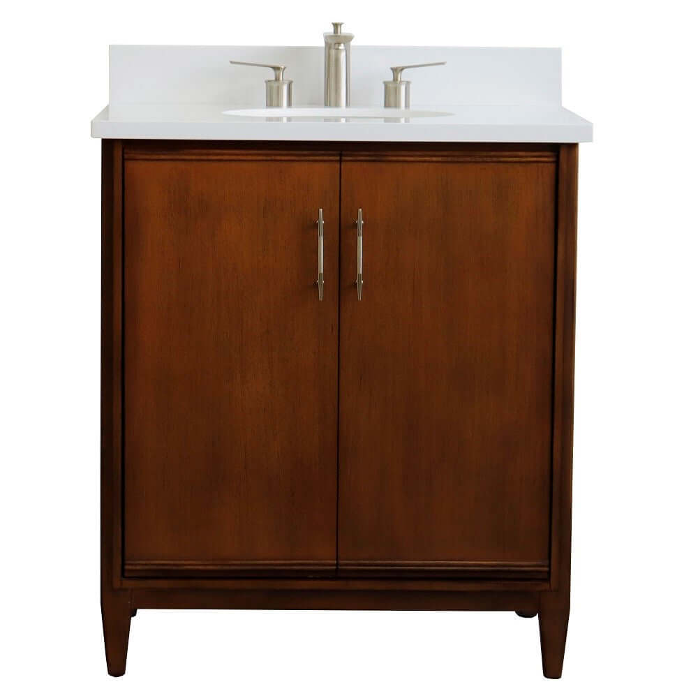 31" Single sink vanity in Walnut finish with White quartz with oval sink - 400901-31-WA-WEO