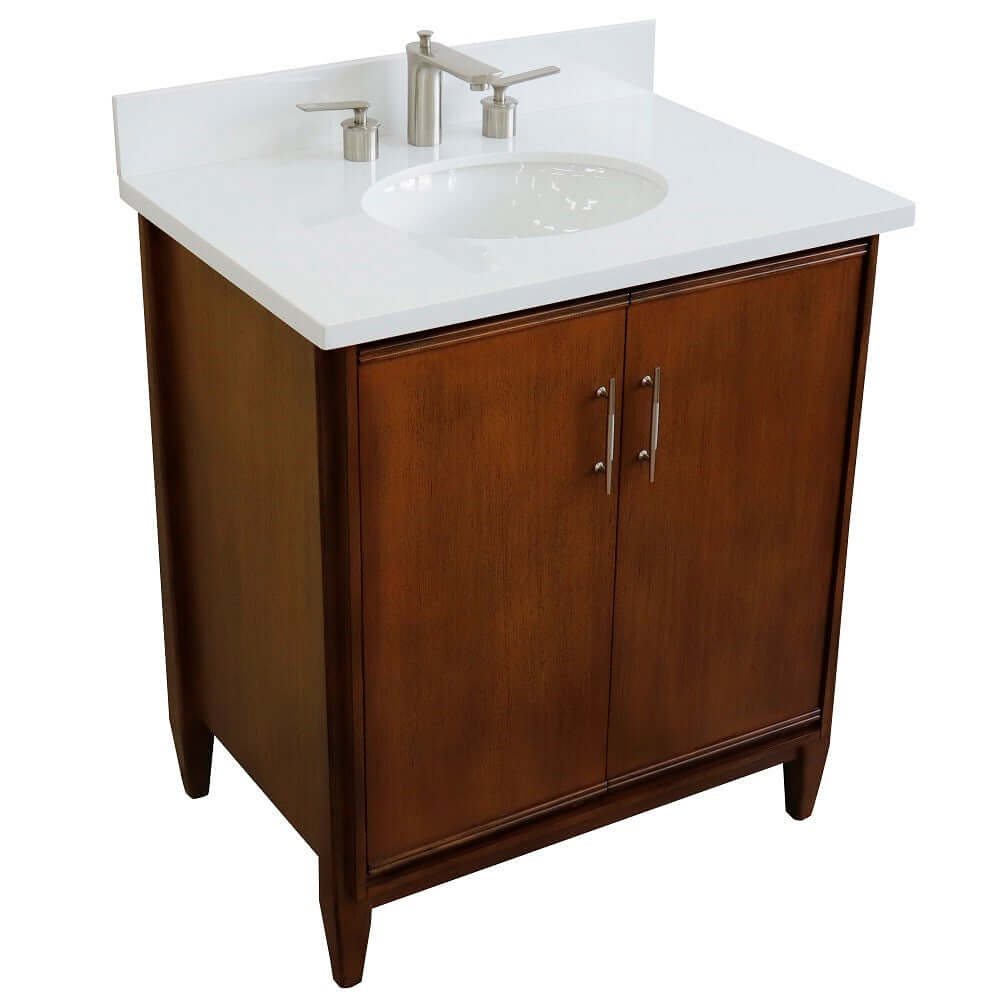 31" Single sink vanity in Walnut finish with White quartz with oval sink - 400901-31-WA-WEO