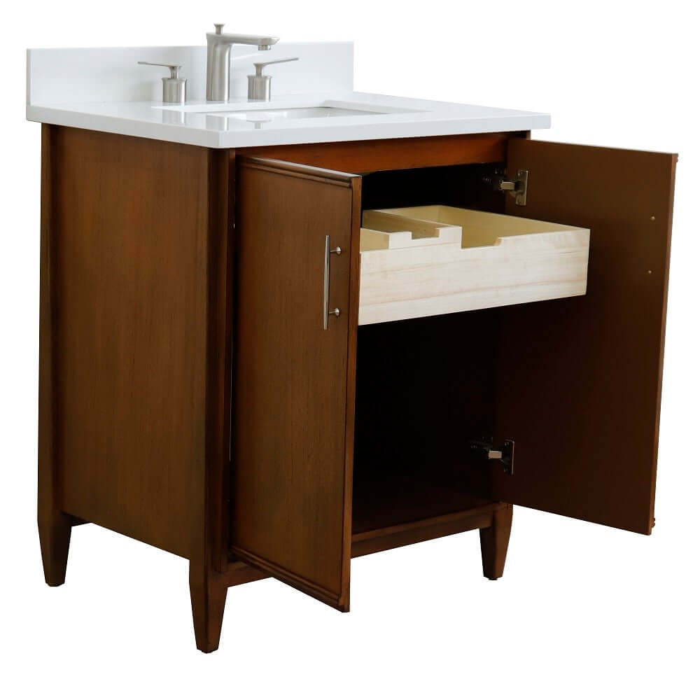 31" Single sink vanity in Walnut finish with White quartz with rectangle sink - 400901-31-WA-WER