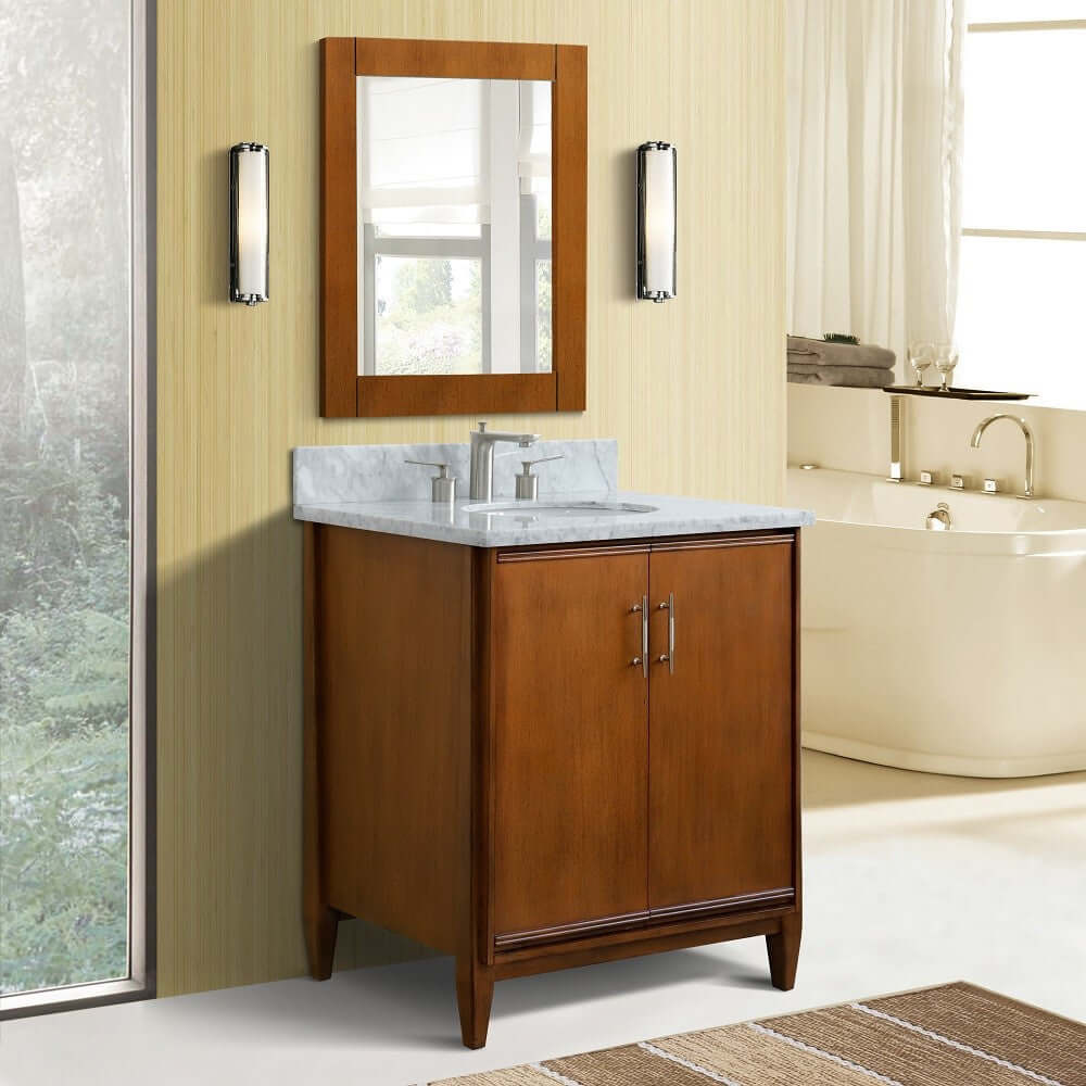 31" Single sink vanity in Walnut finish with White Carrara marble with oval sink - 400901-31-WA-WMO