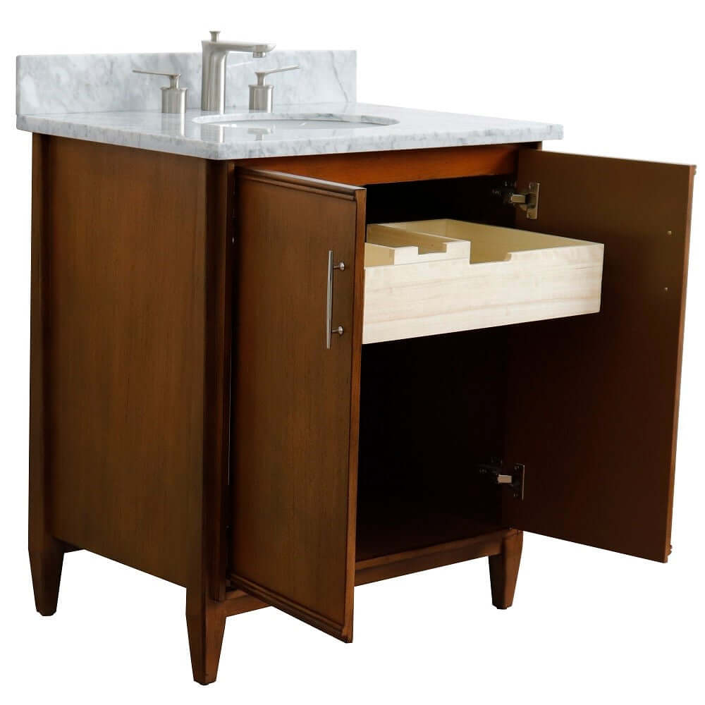 31" Single sink vanity in Walnut finish with White Carrara marble with oval sink - 400901-31-WA-WMO