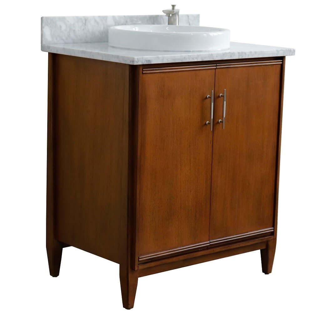 31" Single sink vanity in Walnut finish with White Carrara marble with round sink - 400901-31-WA-WMRD