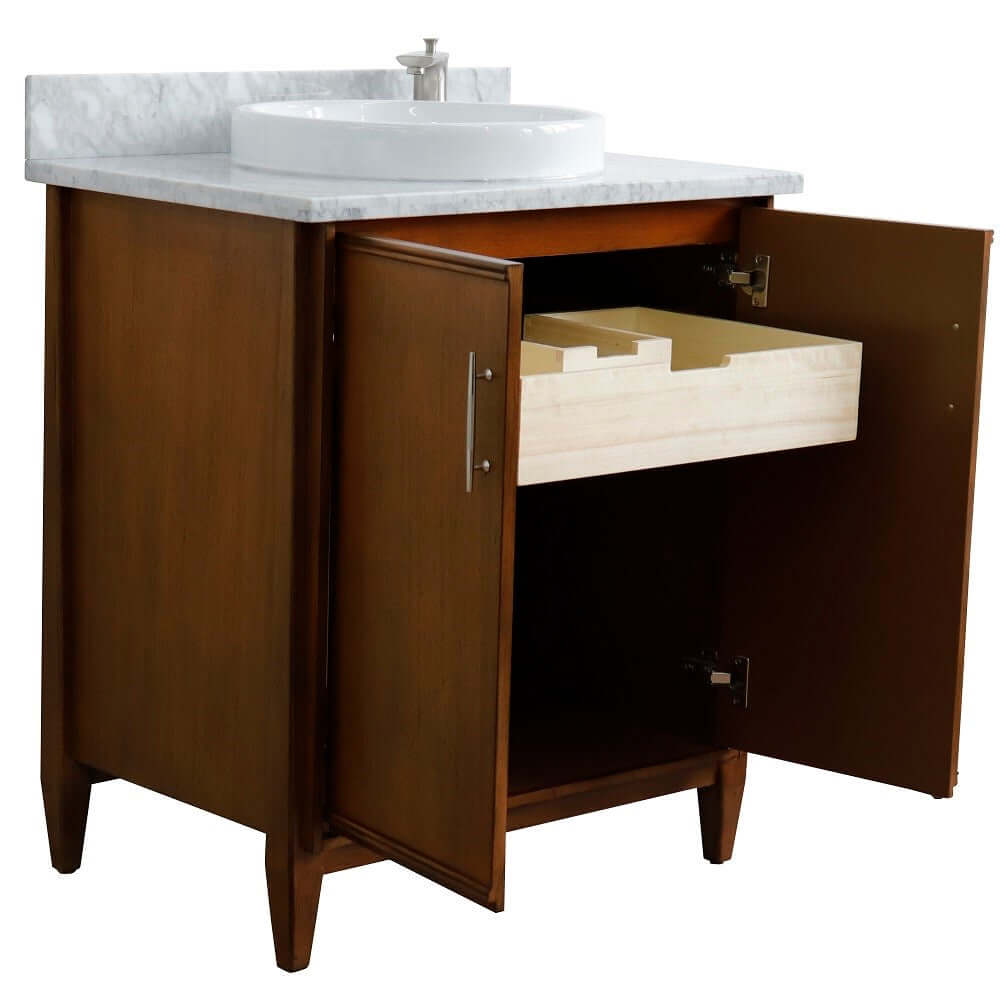 31" Single sink vanity in Walnut finish with White Carrara marble with round sink - 400901-31-WA-WMRD