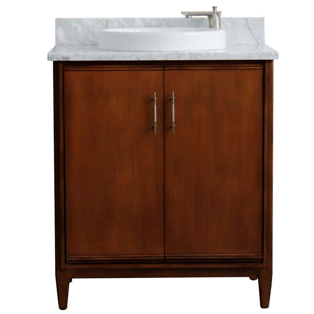 31" Single sink vanity in Walnut finish with White Carrara marble with round sink - 400901-31-WA-WMRD