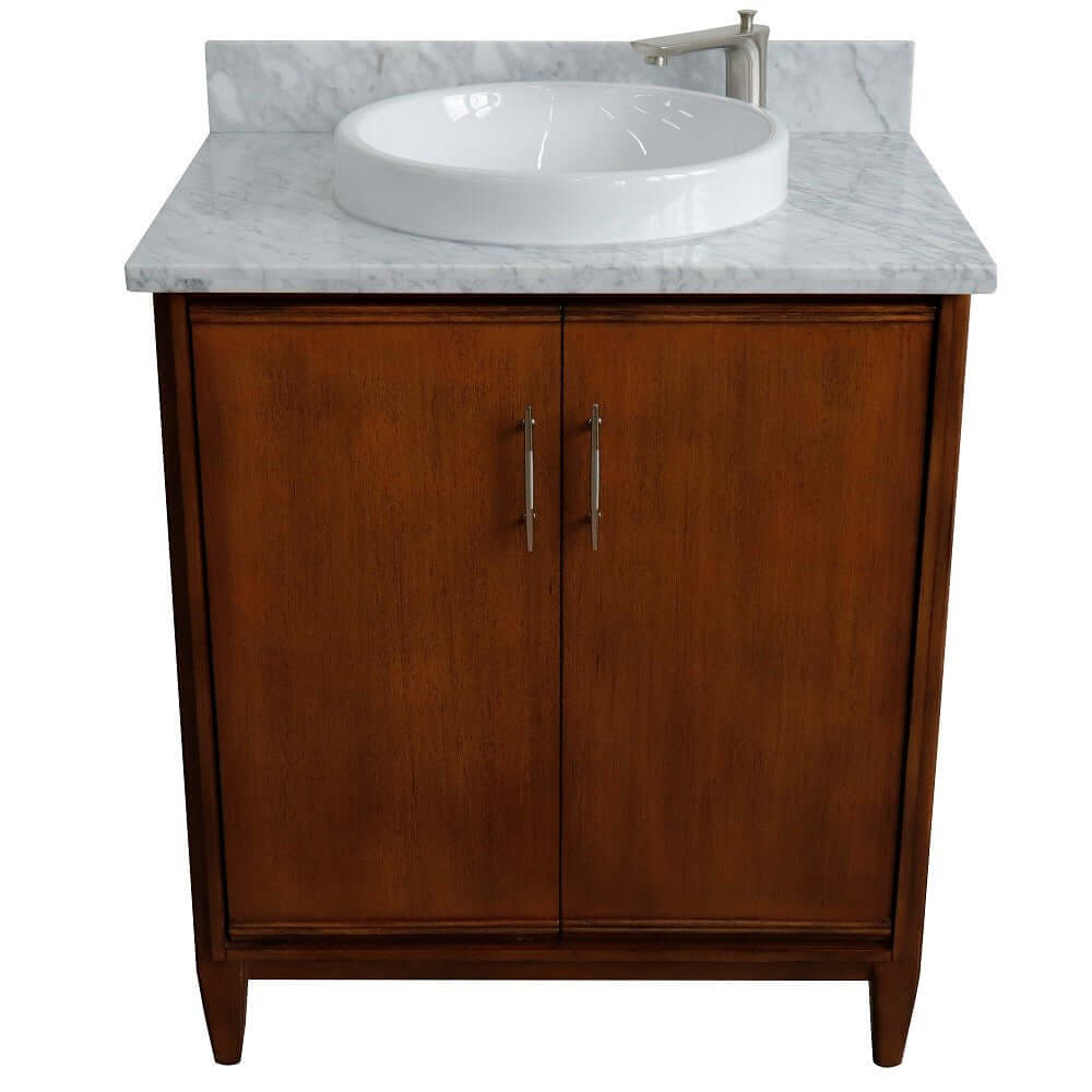 31" Single sink vanity in Walnut finish with White Carrara marble with round sink - 400901-31-WA-WMRD