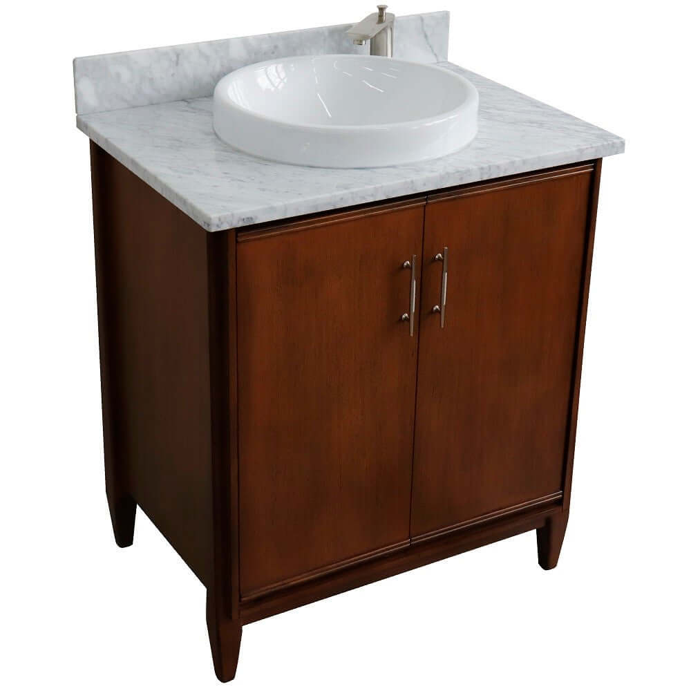 31" Single sink vanity in Walnut finish with White Carrara marble with round sink - 400901-31-WA-WMRD