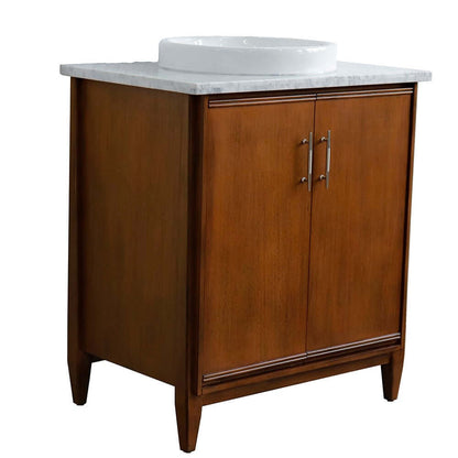 31" Single sink vanity in Walnut finish with White Carrara marble with round sink - 400901-31-WA-WMRD