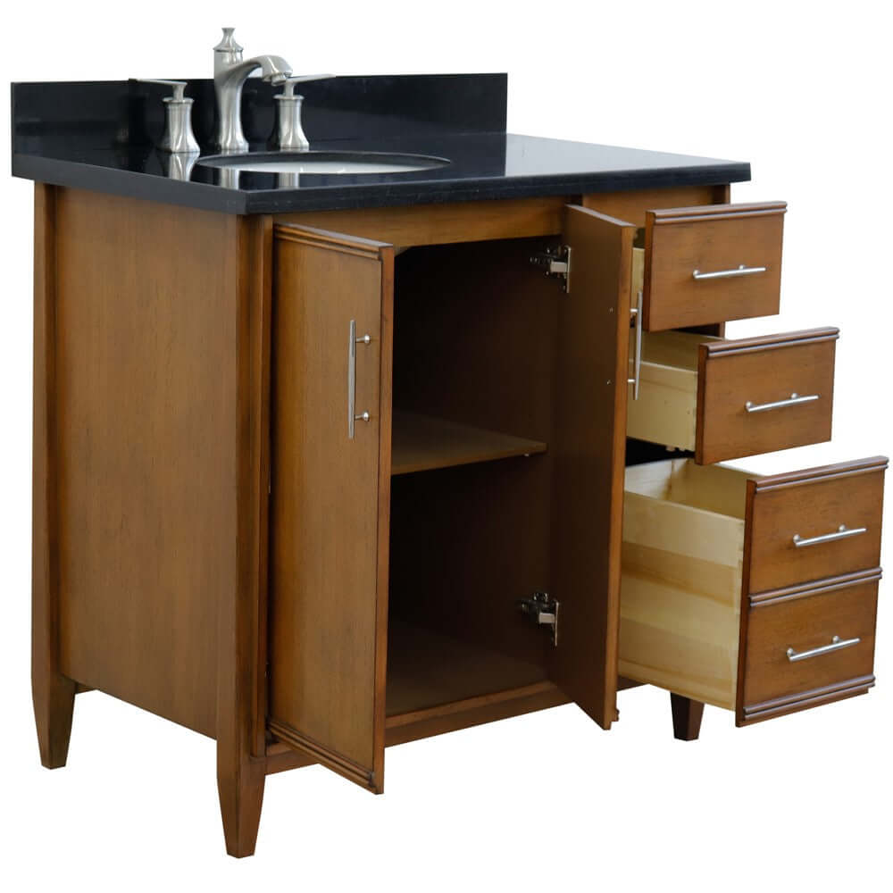 37" Single vanity in Walnut finish with Black galaxy and oval sink- Left door/Left sink - 400901-37L-WA-BGOL