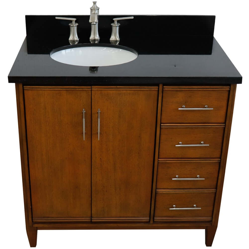 37" Single vanity in Walnut finish with Black galaxy and oval sink- Left door/Left sink - 400901-37L-WA-BGOL