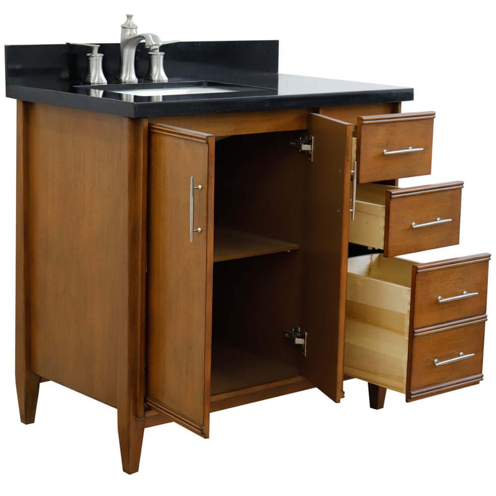 37" Single vanity in Walnut finish with Black galaxy and rectangle sink- Left door/Left sink - 400901-37L-WA-BGRL