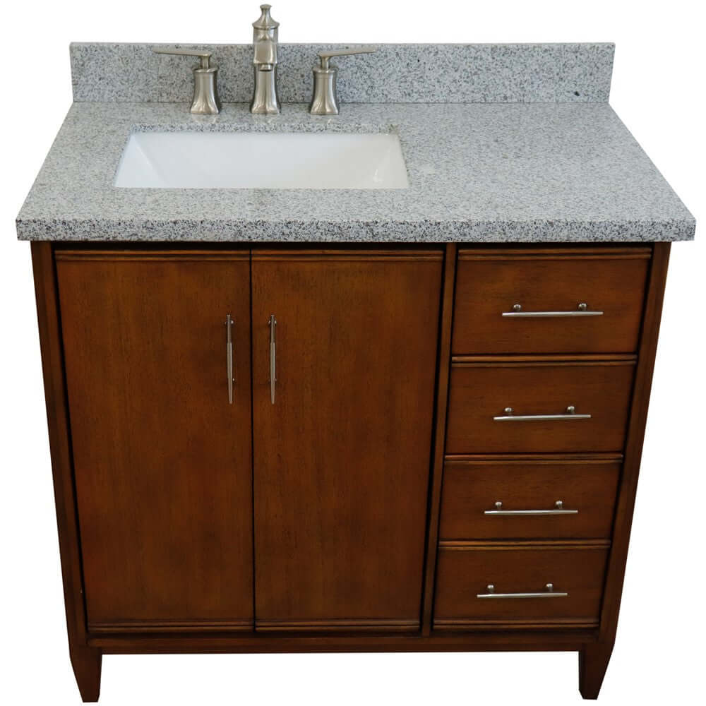 37" Single vanity in Walnut finish with Gray granite and rectangle sink- Left door/Left sink - 400901-37L-WA-GYRL