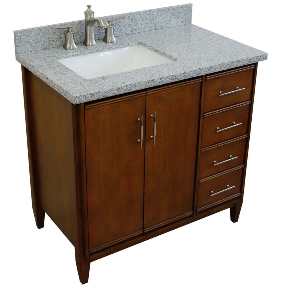 37" Single vanity in Walnut finish with Gray granite and rectangle sink- Left door/Left sink - 400901-37L-WA-GYRL