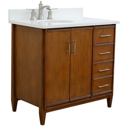 37" Single vanity in Walnut finish with White quartz and oval sink- Left door/Left sink - 400901-37L-WA-WEOL