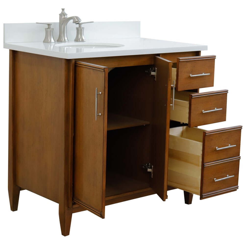 37" Single vanity in Walnut finish with White quartz and oval sink- Left door/Left sink - 400901-37L-WA-WEOL