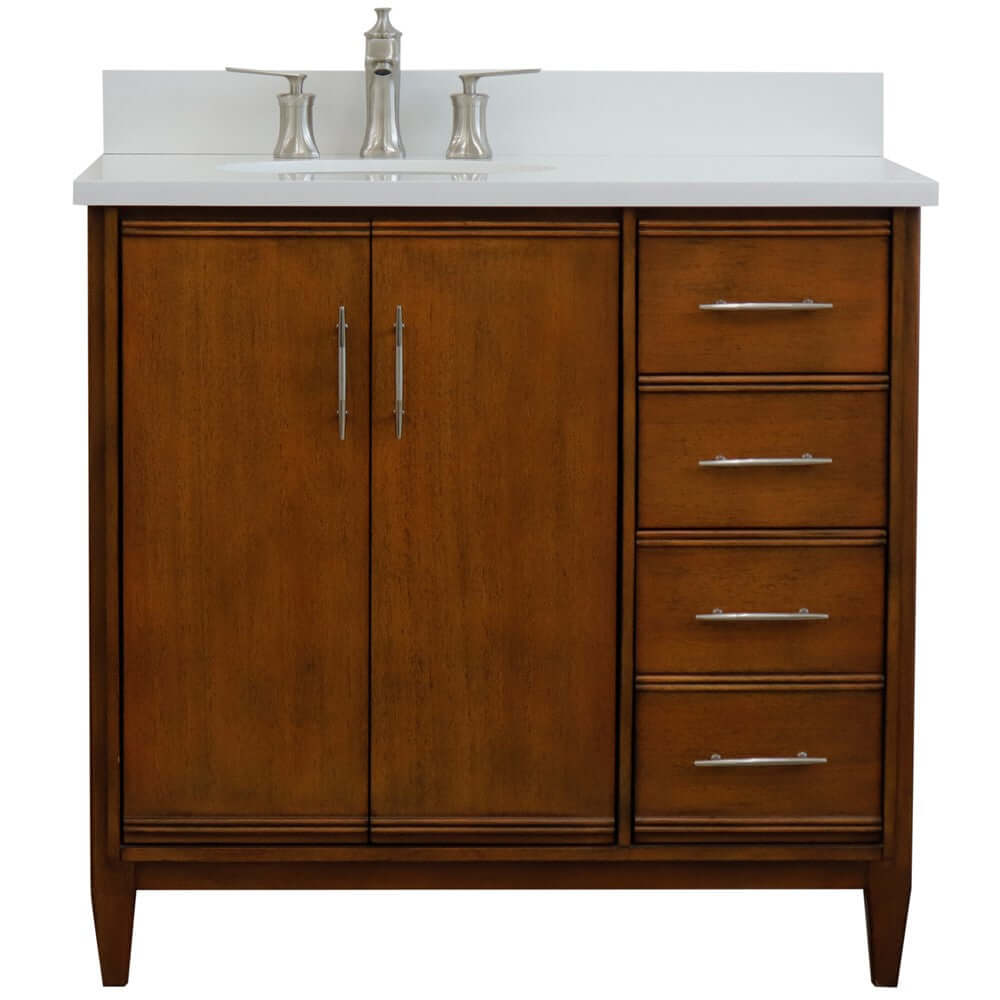 37" Single vanity in Walnut finish with White quartz and oval sink- Left door/Left sink - 400901-37L-WA-WEOL