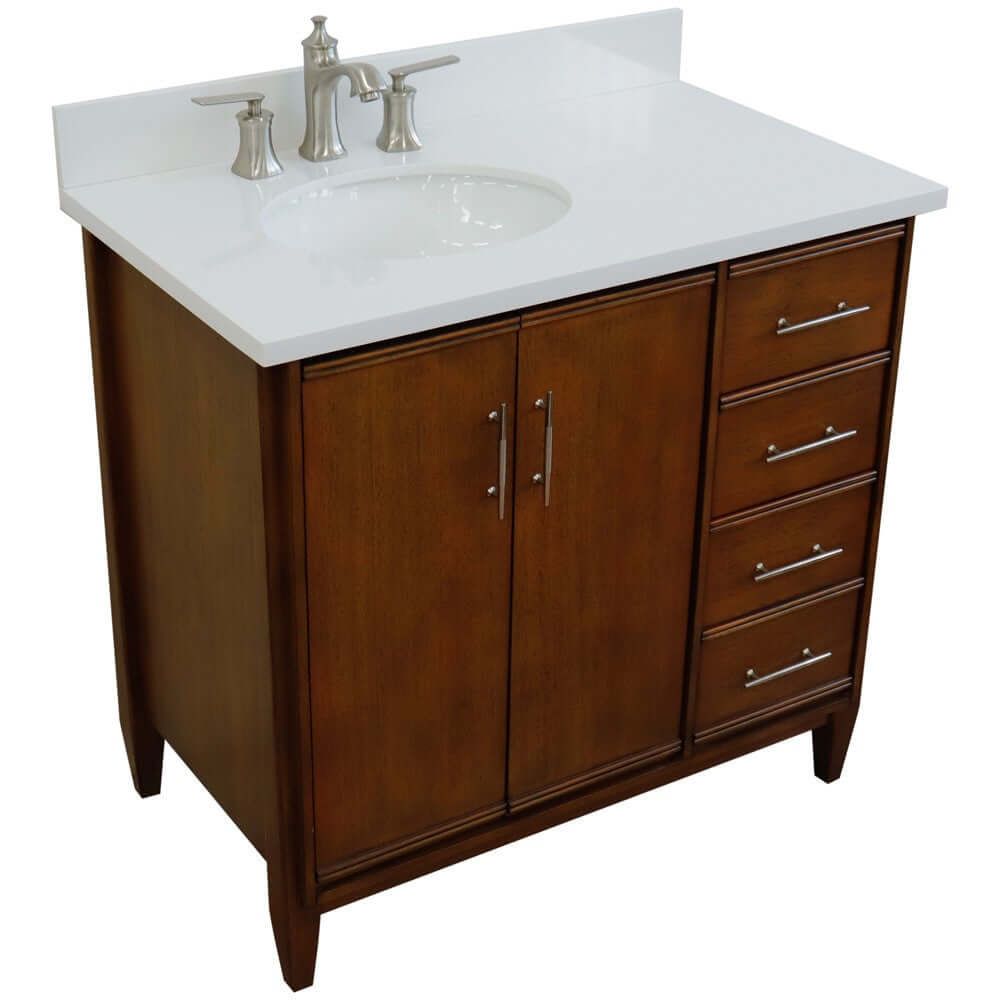 37" Single vanity in Walnut finish with White quartz and oval sink- Left door/Left sink - 400901-37L-WA-WEOL