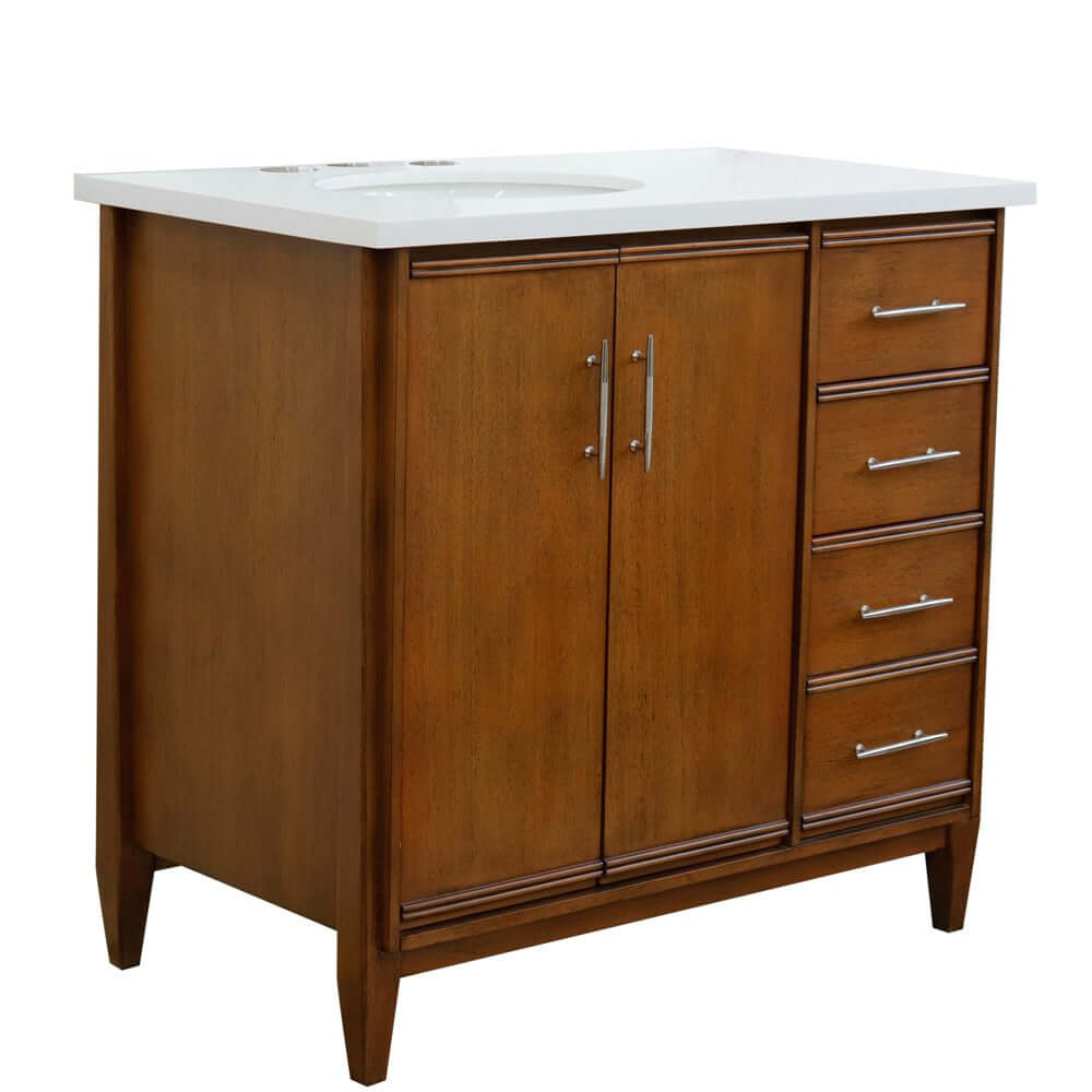 37" Single vanity in Walnut finish with White quartz and oval sink- Left door/Left sink - 400901-37L-WA-WEOL