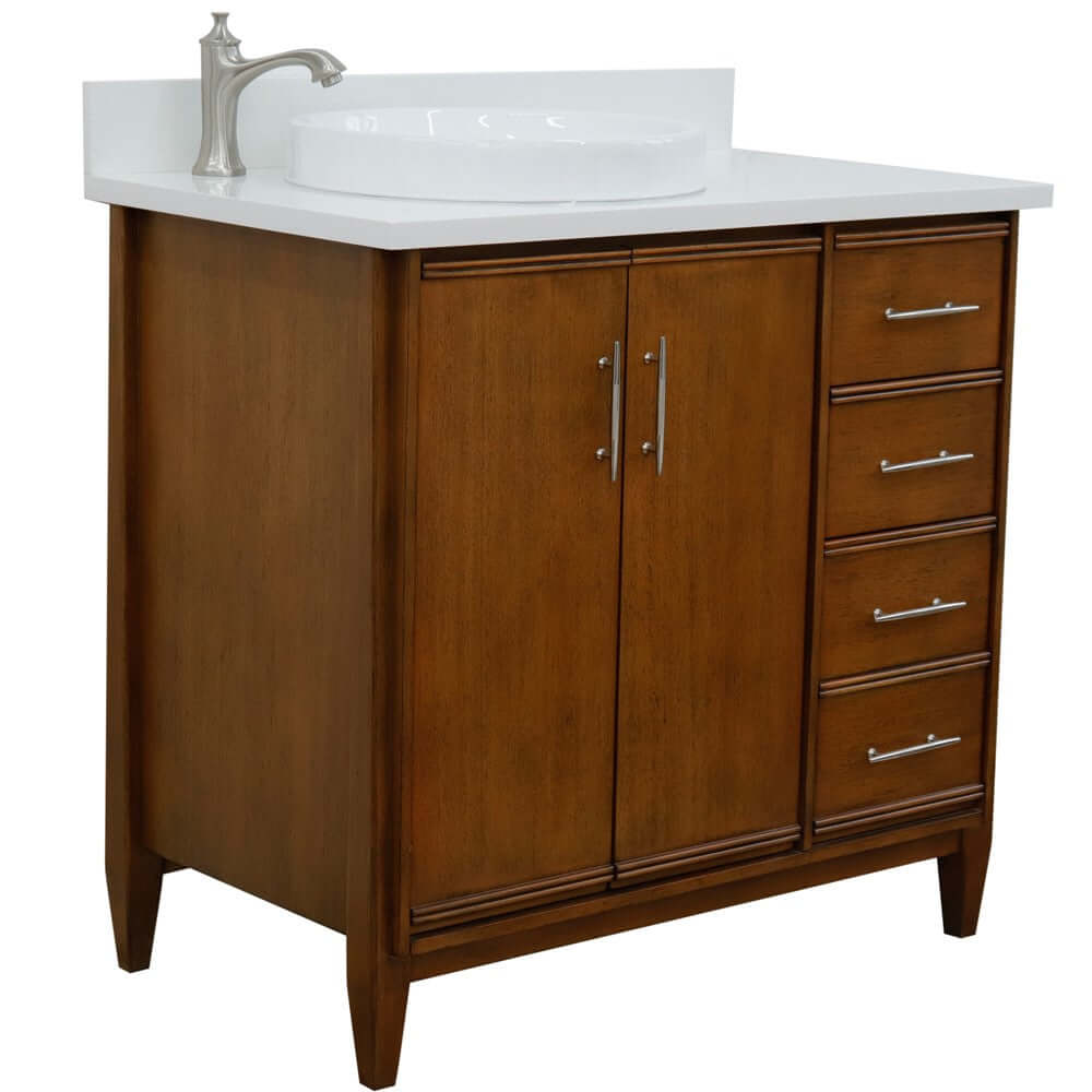 37" Single vanity in Walnut finish with White quartz and round sink- Left door/Left sink - 400901-37L-WA-WERDL