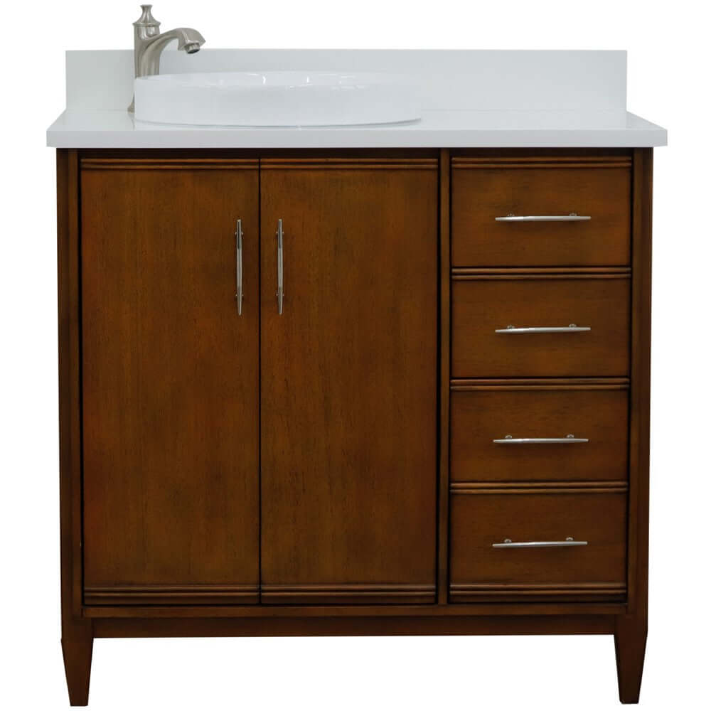 37" Single vanity in Walnut finish with White quartz and round sink- Left door/Left sink - 400901-37L-WA-WERDL