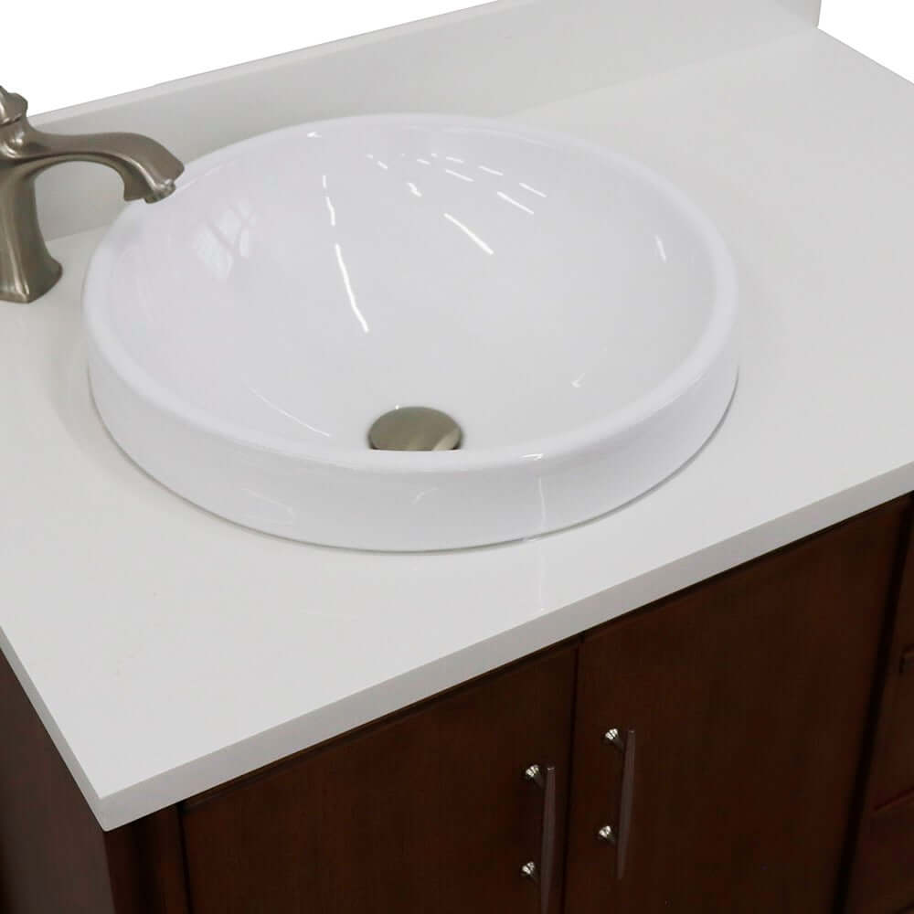 37" Single vanity in Walnut finish with White quartz and round sink- Left door/Left sink - 400901-37L-WA-WERDL