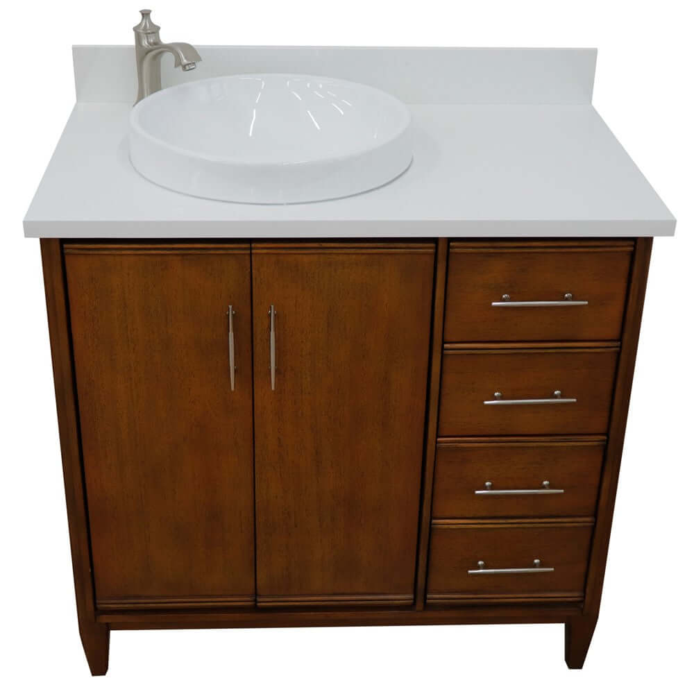 37" Single vanity in Walnut finish with White quartz and round sink- Left door/Left sink - 400901-37L-WA-WERDL