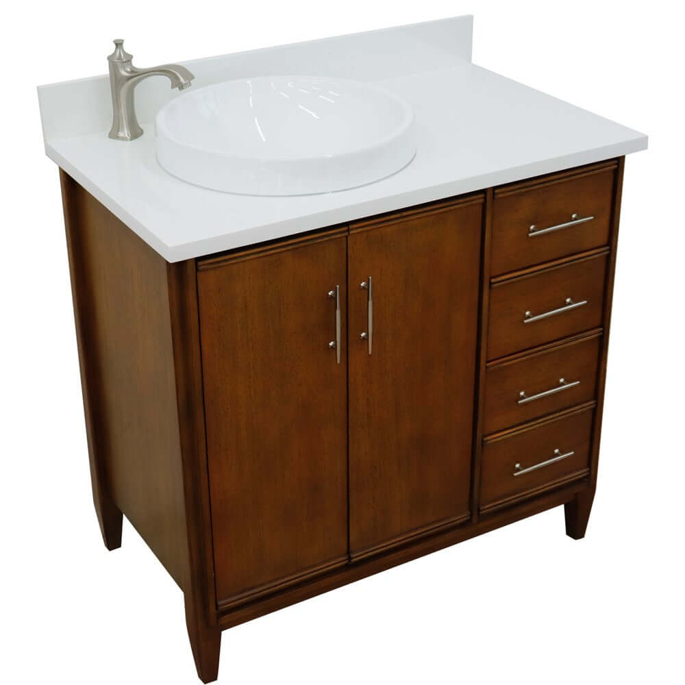 37" Single vanity in Walnut finish with White quartz and round sink- Left door/Left sink - 400901-37L-WA-WERDL