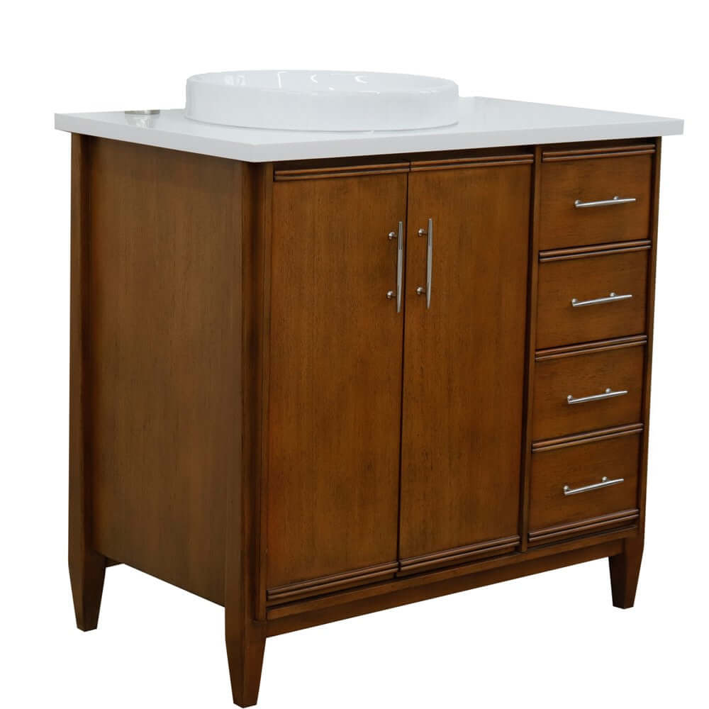 37" Single vanity in Walnut finish with White quartz and round sink- Left door/Left sink - 400901-37L-WA-WERDL