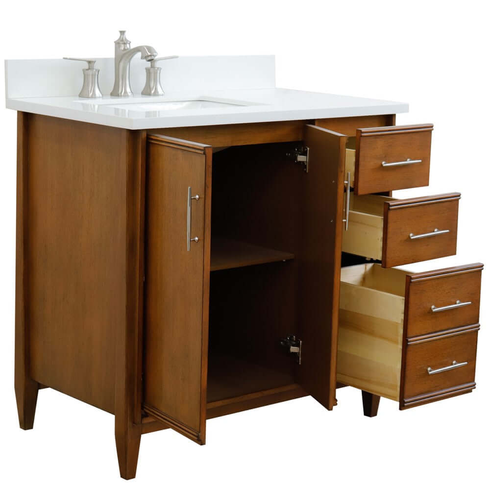 37" Single vanity in Walnut finish with White quartz and rectangle sink- Left door/Left sink - 400901-37L-WA-WERL