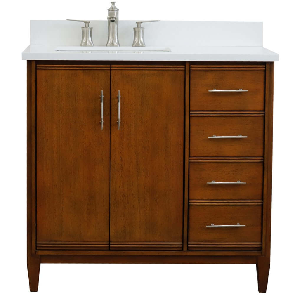 37" Single vanity in Walnut finish with White quartz and rectangle sink- Left door/Left sink - 400901-37L-WA-WERL