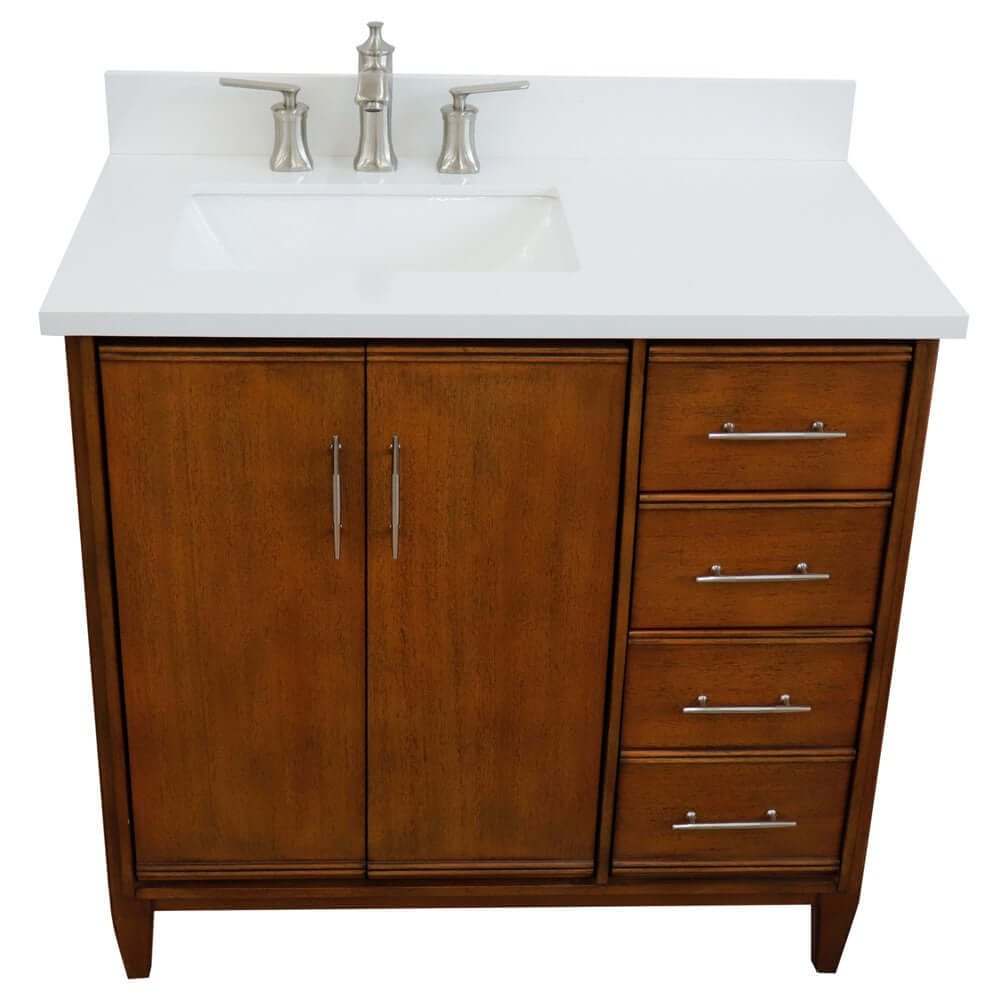 37" Single vanity in Walnut finish with White quartz and rectangle sink- Left door/Left sink - 400901-37L-WA-WERL