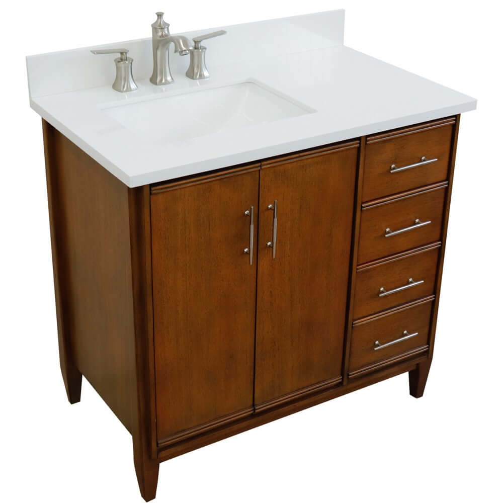 37" Single vanity in Walnut finish with White quartz and rectangle sink- Left door/Left sink - 400901-37L-WA-WERL