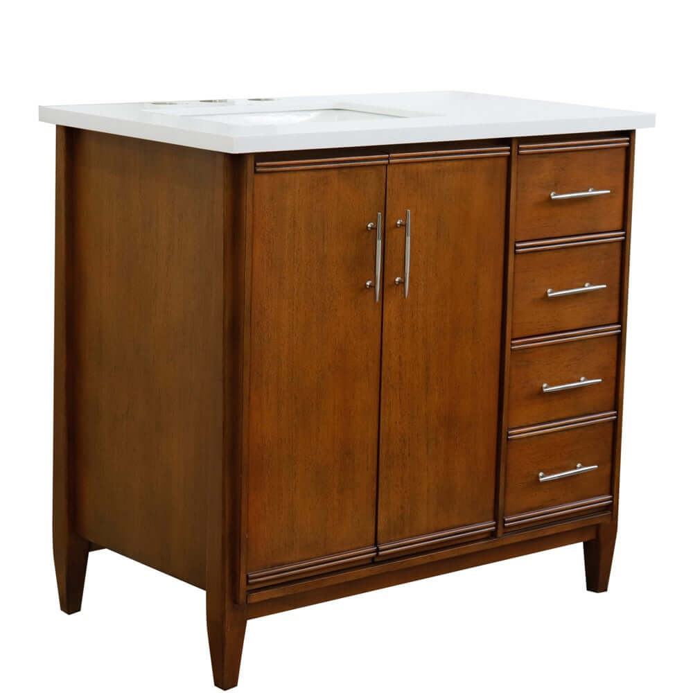 37" Single vanity in Walnut finish with White quartz and rectangle sink- Left door/Left sink - 400901-37L-WA-WERL