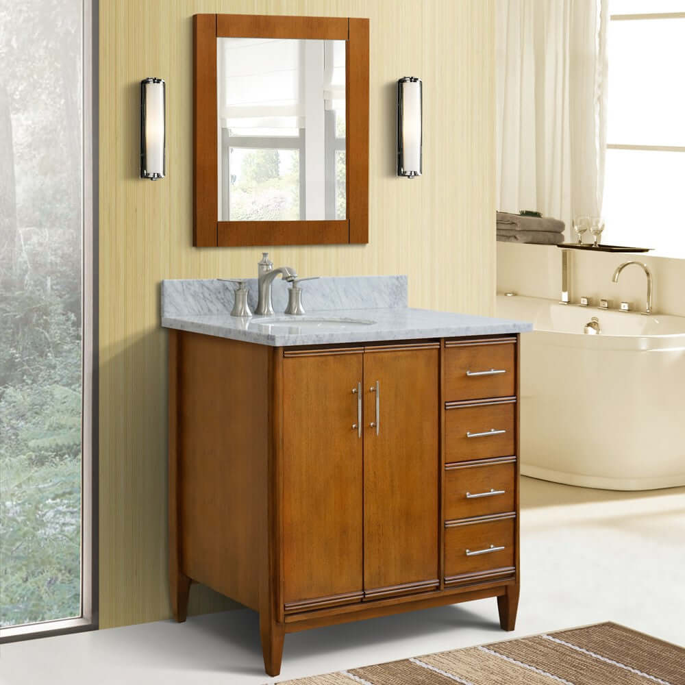 37" Single vanity in Walnut finish with White Carrara and oval sink- Left door/Left sink - 400901-37L-WA-WMOL