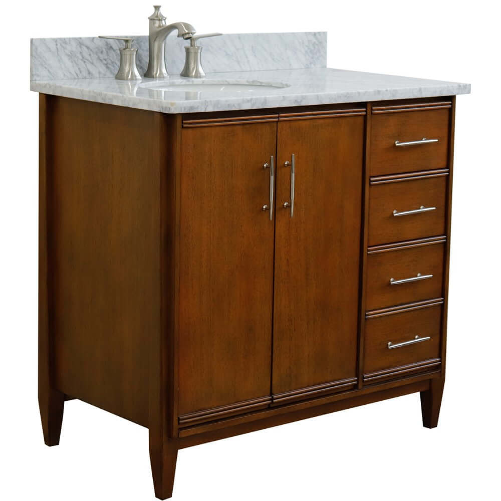 37" Single vanity in Walnut finish with White Carrara and oval sink- Left door/Left sink - 400901-37L-WA-WMOL