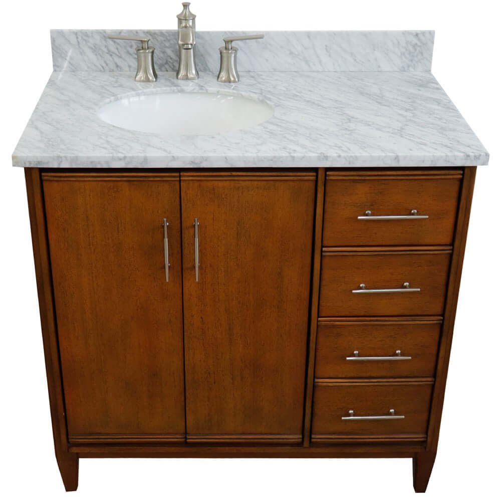 37" Single vanity in Walnut finish with White Carrara and oval sink- Left door/Left sink - 400901-37L-WA-WMOL