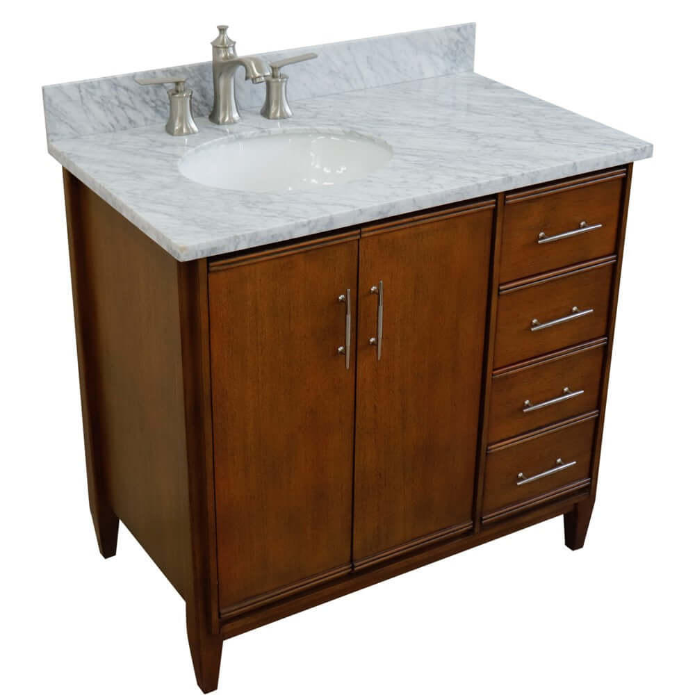 37" Single vanity in Walnut finish with White Carrara and oval sink- Left door/Left sink - 400901-37L-WA-WMOL