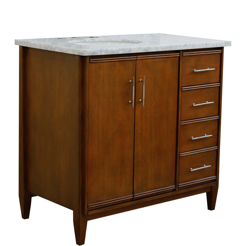 37" Single vanity in Walnut finish with White Carrara and oval sink- Left door/Left sink - 400901-37L-WA-WMOL