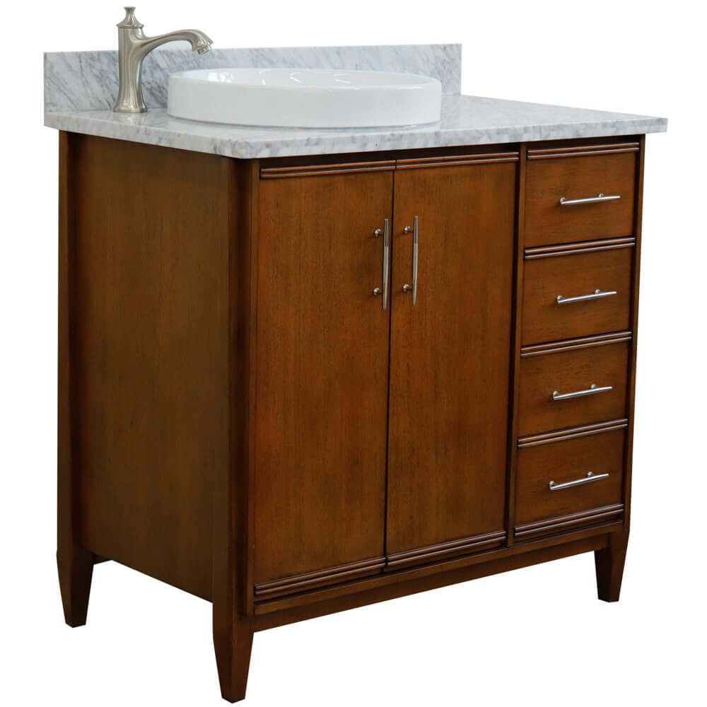 37" Single vanity in Walnut finish with White Carrara and round sink- Left door/Left sink - 400901-37L-WA-WMRDL